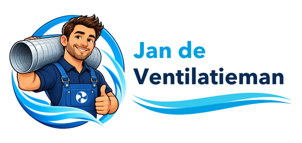 Logo Jan de Ventilatieman: een getekende vakman in een blauwe tuinbroek met een ventilatiekanaal op zijn schouder en een duim omhoog, binnen een blauwe luchtstroom, naast de woorden Jan de Ventilatieman