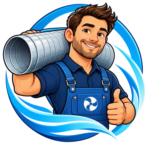 Getekende mascotte van Jan de Ventilatieman: een vakman in een blauwe tuinbroek met een ventilatiekanaal op zijn schouder en een duim omhoog, binnen een blauwe luchtstroom