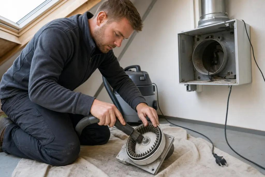 Op zolder maakt een monteur het stoffige ventilatorwiel van een ventilatiebox schoon met een stofzuigerborstel; de geopende box hangt aan de muur en de stekker ligt los op de vloer