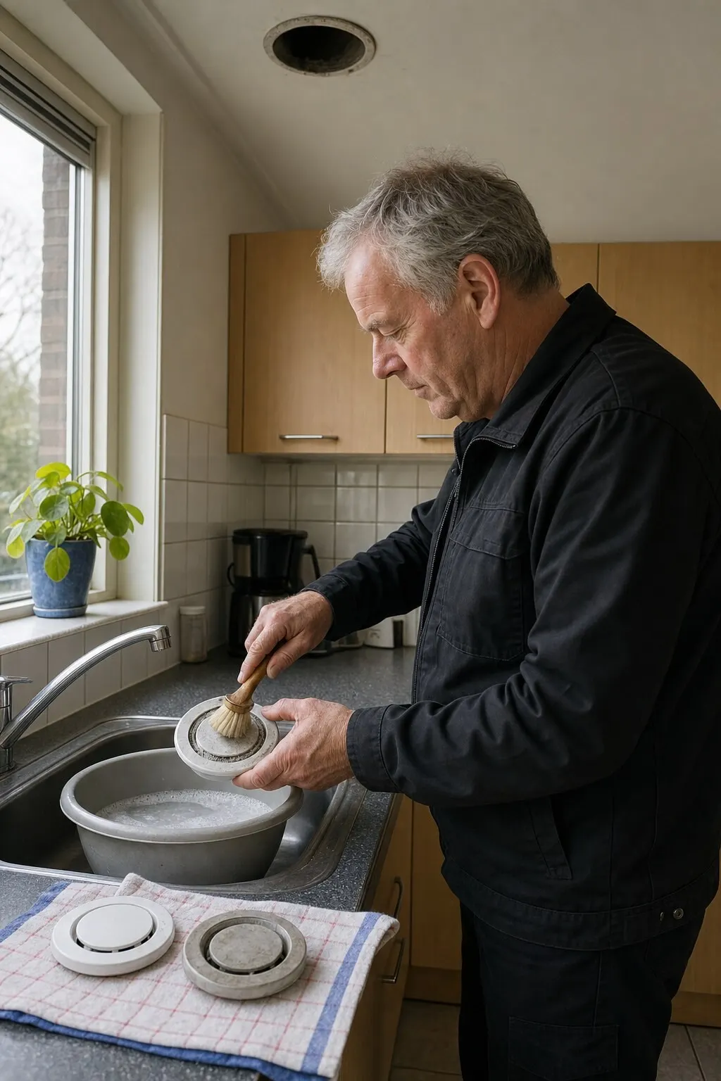 Bij het aanrecht borstelt een monteur een stoffig plafondventiel schoon in een bak sop; twee ventielen liggen op een theedoek en in het plafond zit het open kanaalgat