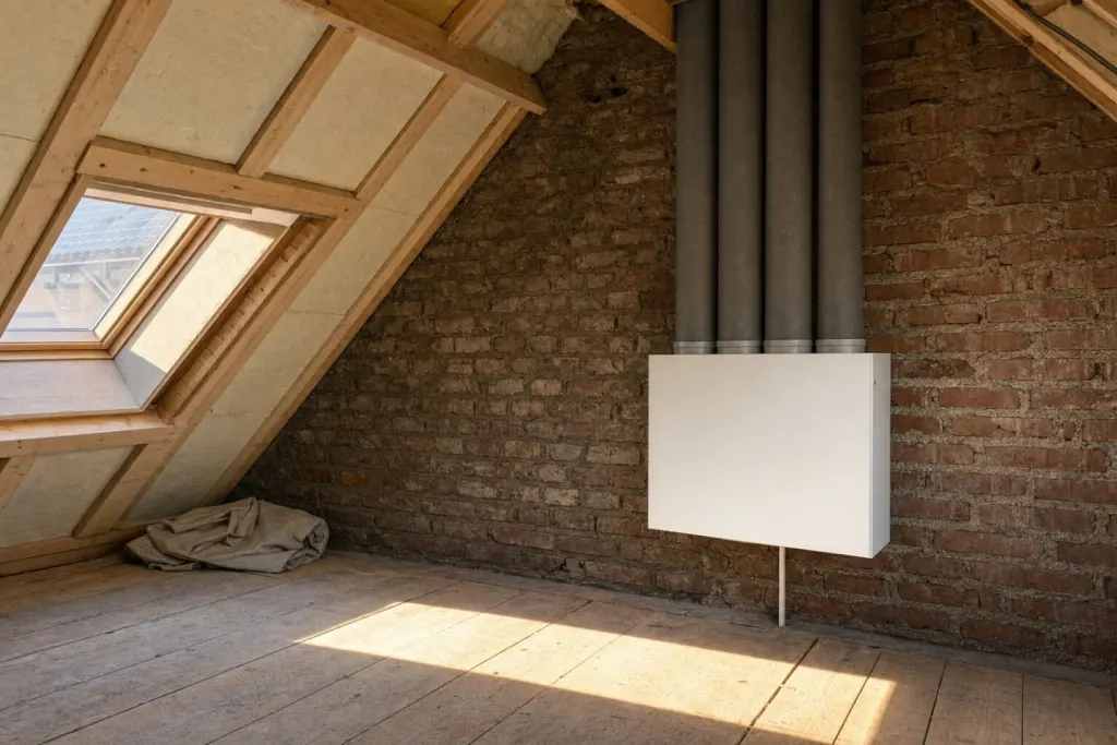 Een nieuwe witte WTW-unit met vier geïsoleerde kanalen hangt aan de gemetselde muur van een pas geïsoleerde zolder, met avondzon door het dakraam