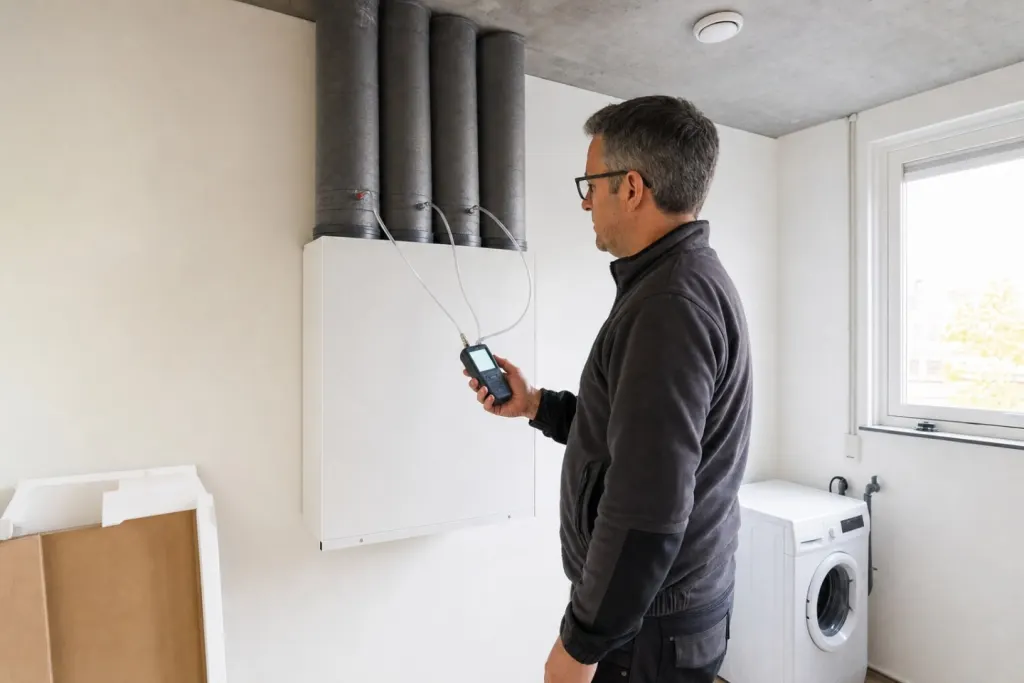 In een technische ruimte met een betonnen plafond meet een monteur met een handmeter en twee slangetjes aan de kanalen van een nieuw opgehangen WTW-unit