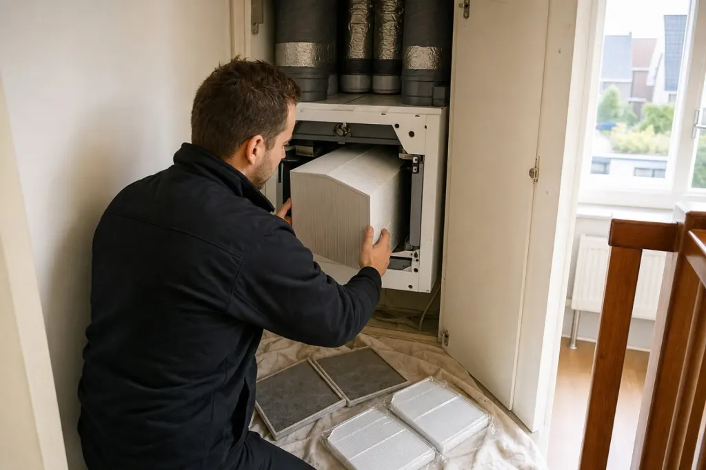 Een monteur haalt de warmtewisselaar uit een WTW-unit in een kast op de overloop; de oude grijze filters en nieuwe filters in plastic liggen op een kleed