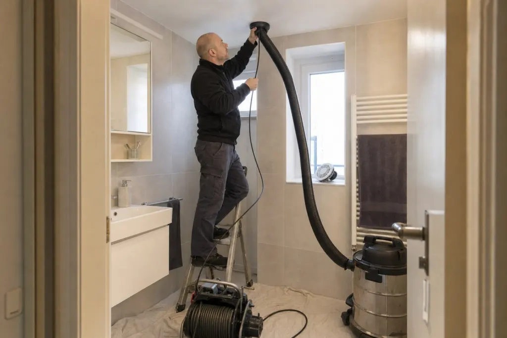 In de badkamer reinigt een monteur op een trap een ventilatiekanaal met een draaiende borstel aan een flexibele as; de slang van de stofzuiger zit met een rubberen kraag tegen het plafond
