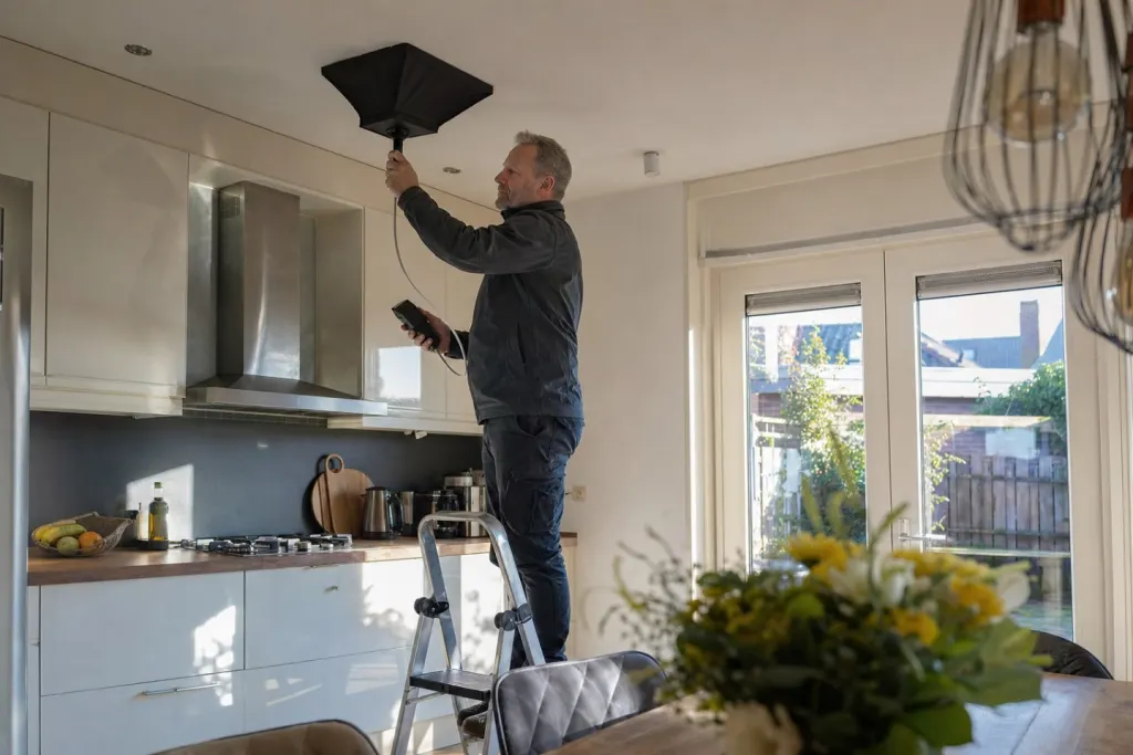 In een open keuken houdt een monteur een meetkap tegen het plafond over een afzuigventiel en leest de handmeter af