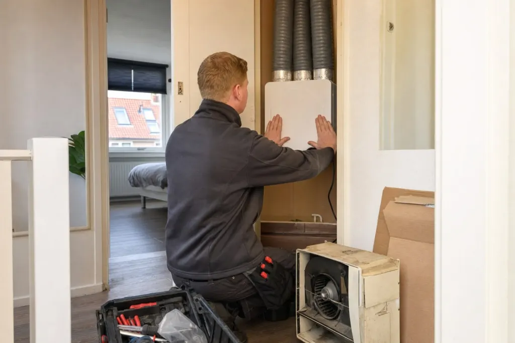 Op de overloop drukt een monteur de kap op een nieuwe ventilatiebox in een kast; de oude, vergeelde box staat ernaast op de vloer bij de lege verpakking