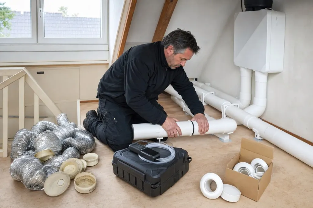 Op zolder legt een monteur nieuwe witte kanalen aan naar een nieuwe ventilatiebox; de oude aluminium slangen en vergeelde ventielen liggen op een hoop en er ligt een drukmeter op de koffer