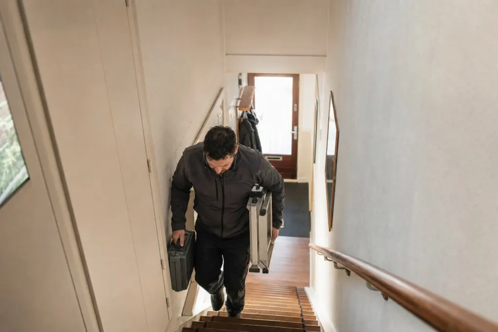 Een monteur loopt met een gereedschapskoffer en een opvouwbaar trapje de steile trap op in een rijtjeshuis