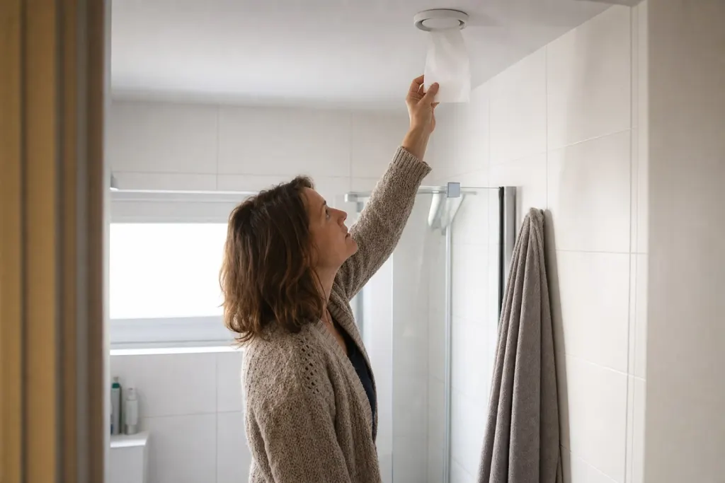 In de badkamer houdt een bewoner een velletje wc-papier tegen het afzuigventiel in het plafond om te zien of het wordt aangezogen