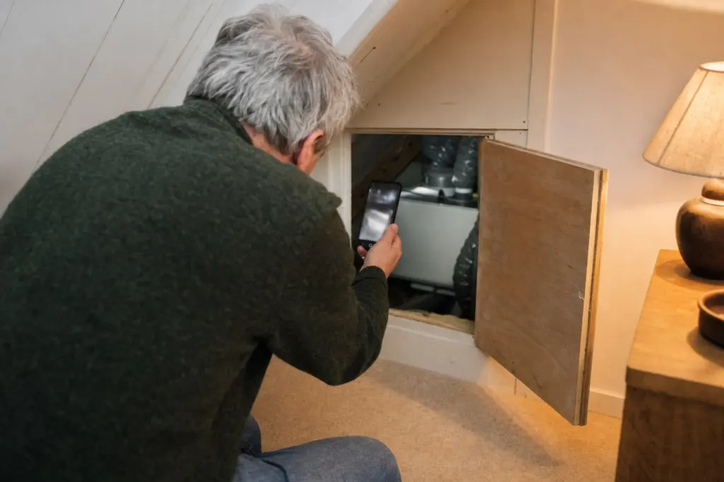 Op zolder fotografeert een bewoner met zijn telefoon de ventilatiebox achter een open luikje in de knieschot
